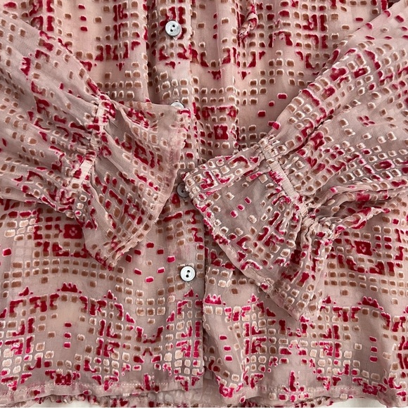 Sundance Cream Red Silk Velvet Burnout Peasant Sheer Button Blouse Size L - Picture 6 of 10